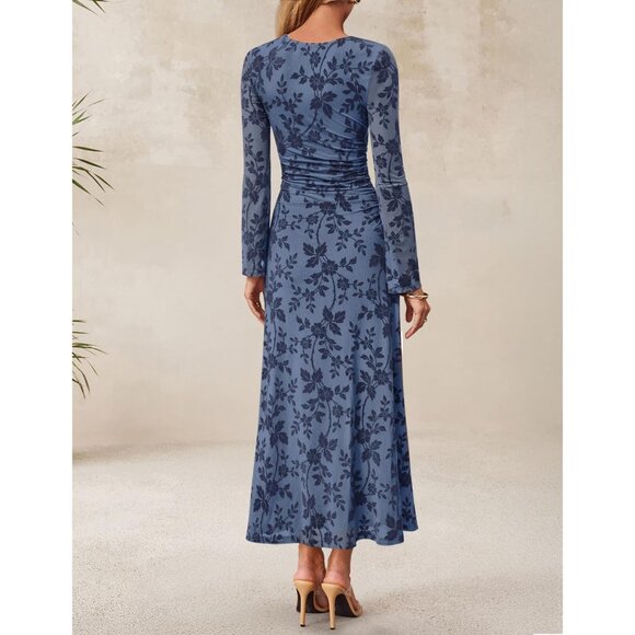 Zesica Women's Dusty Blue Ruched Mesh Long Sleeve Floral Bodycon Dress - Picture 5 of 5